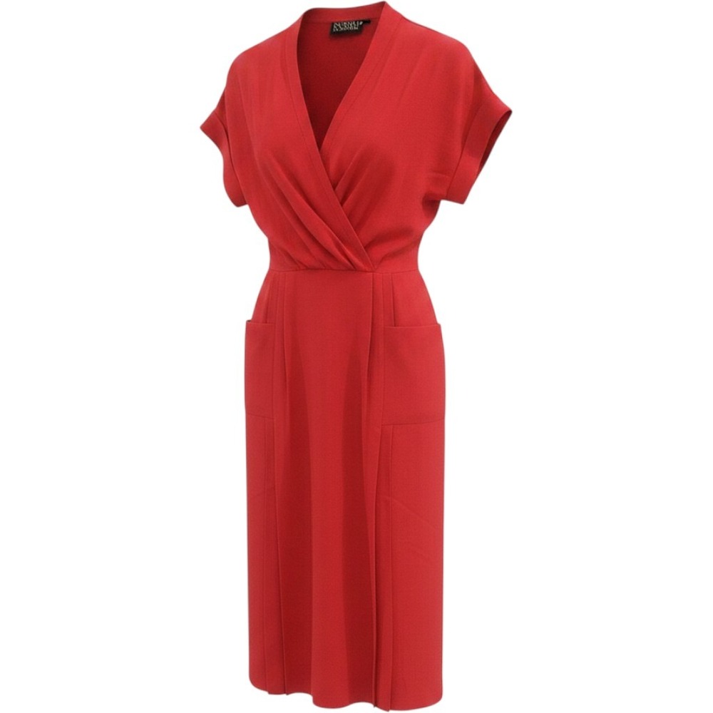 Norma Kamali Vintage Red Pleated V-Neck Midi Dress with Pockets Size 42 US 10